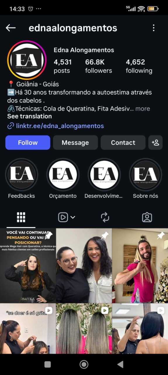 Perfil Instagram Edna Alongamentos