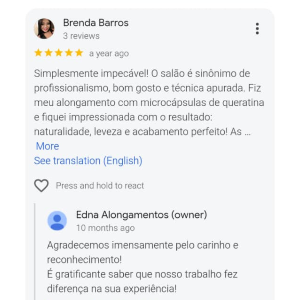 Avaliação real no Google - Edna Alongamentos